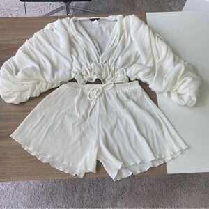 White ribbed linen long sleeve crop top and shorts set from ITZY
